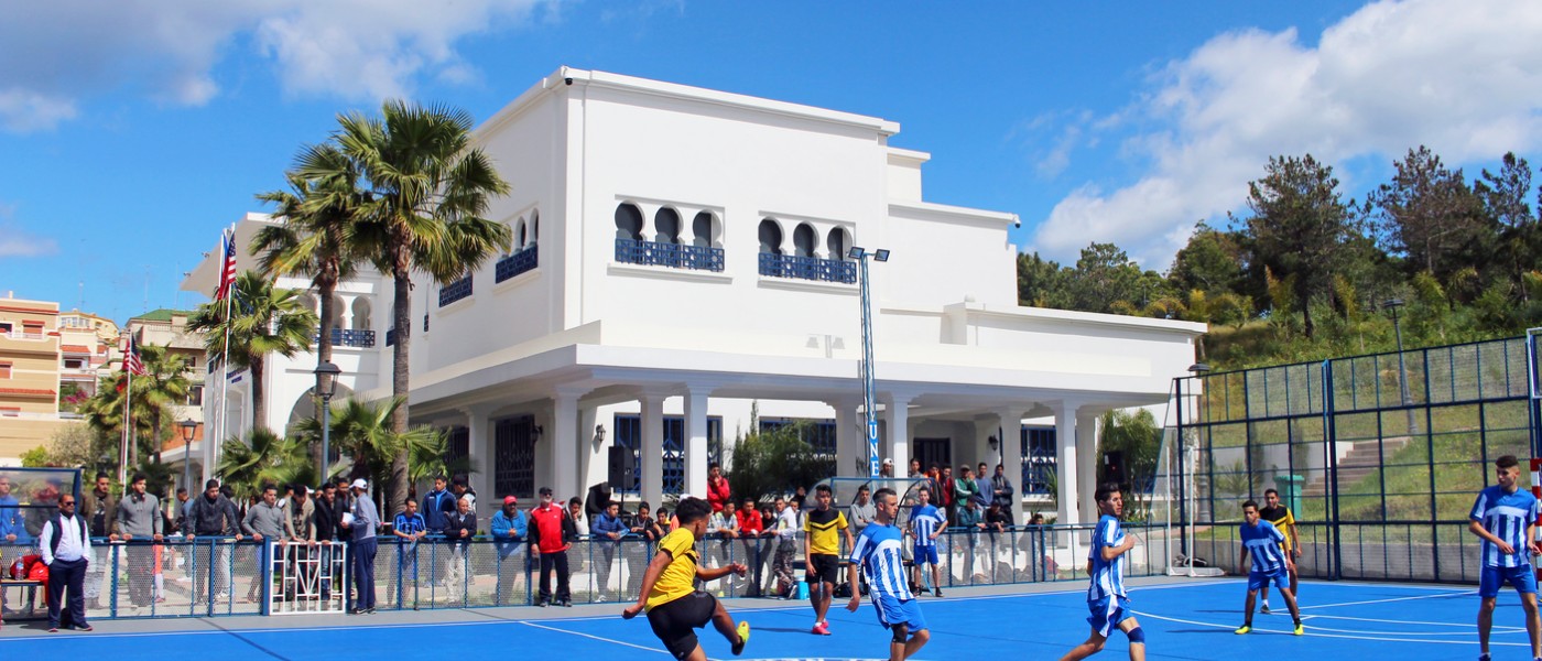 Playing soccer on 51ƷTangier, Morocco Blue Sports Court